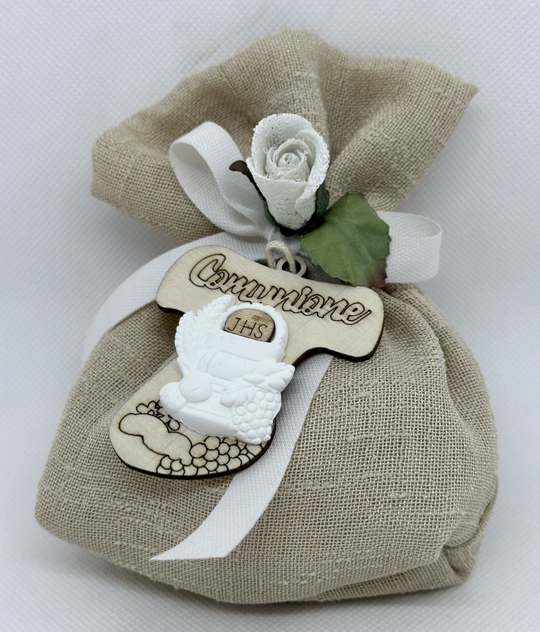 SACCHETTO BEIGE IN LINO GARZATO CON APPLICAZIONE CRESIMA